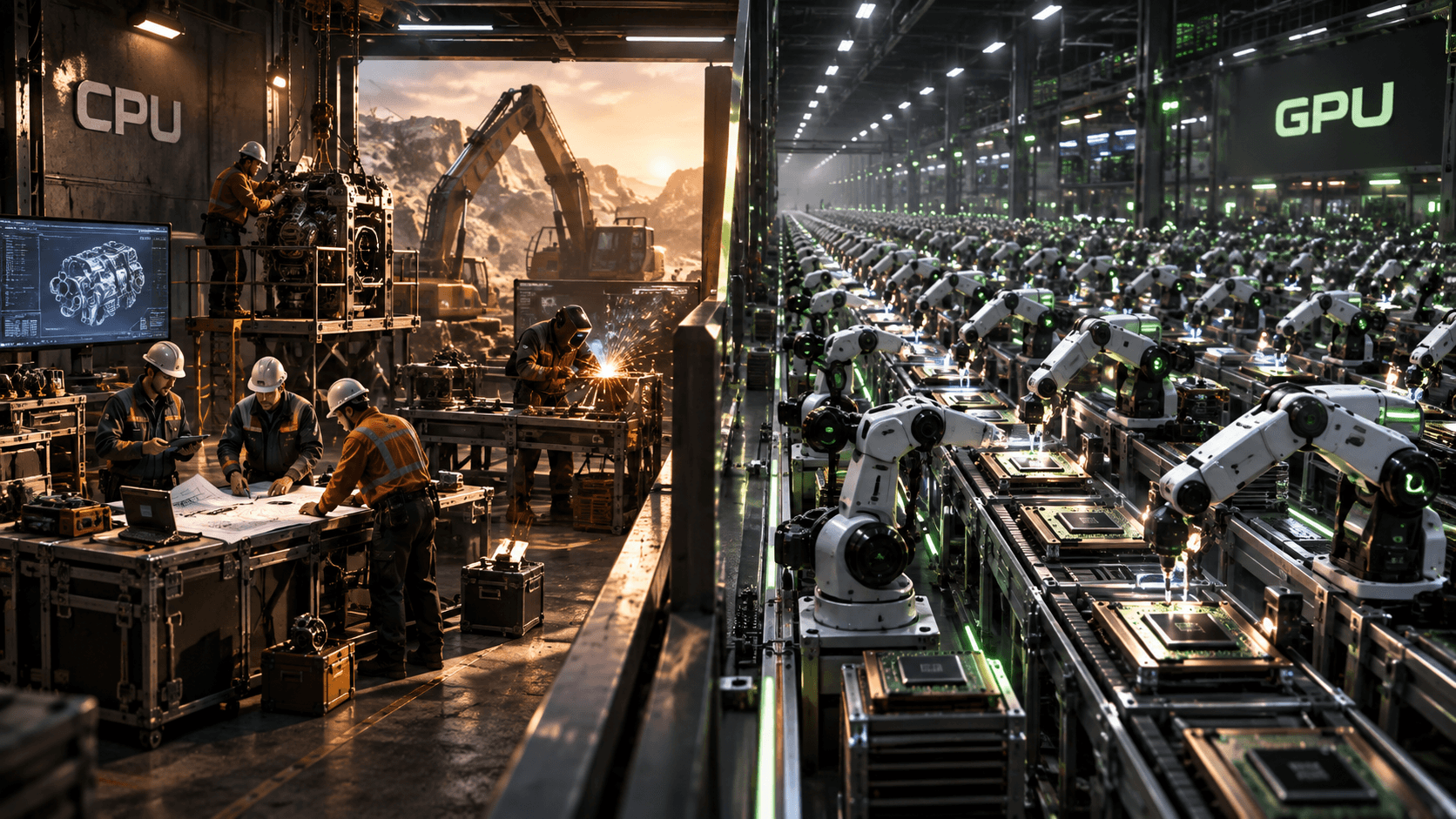 CPU represented by a small team of skilled workers beside a GPU represented by a large automated assembly line, illustrating the difference between complex processing and parallel execution.