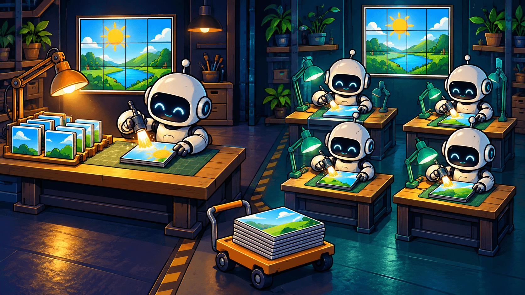 Cartoon robots processing pictures at one workbench on the left and four separate workbenches on the right.