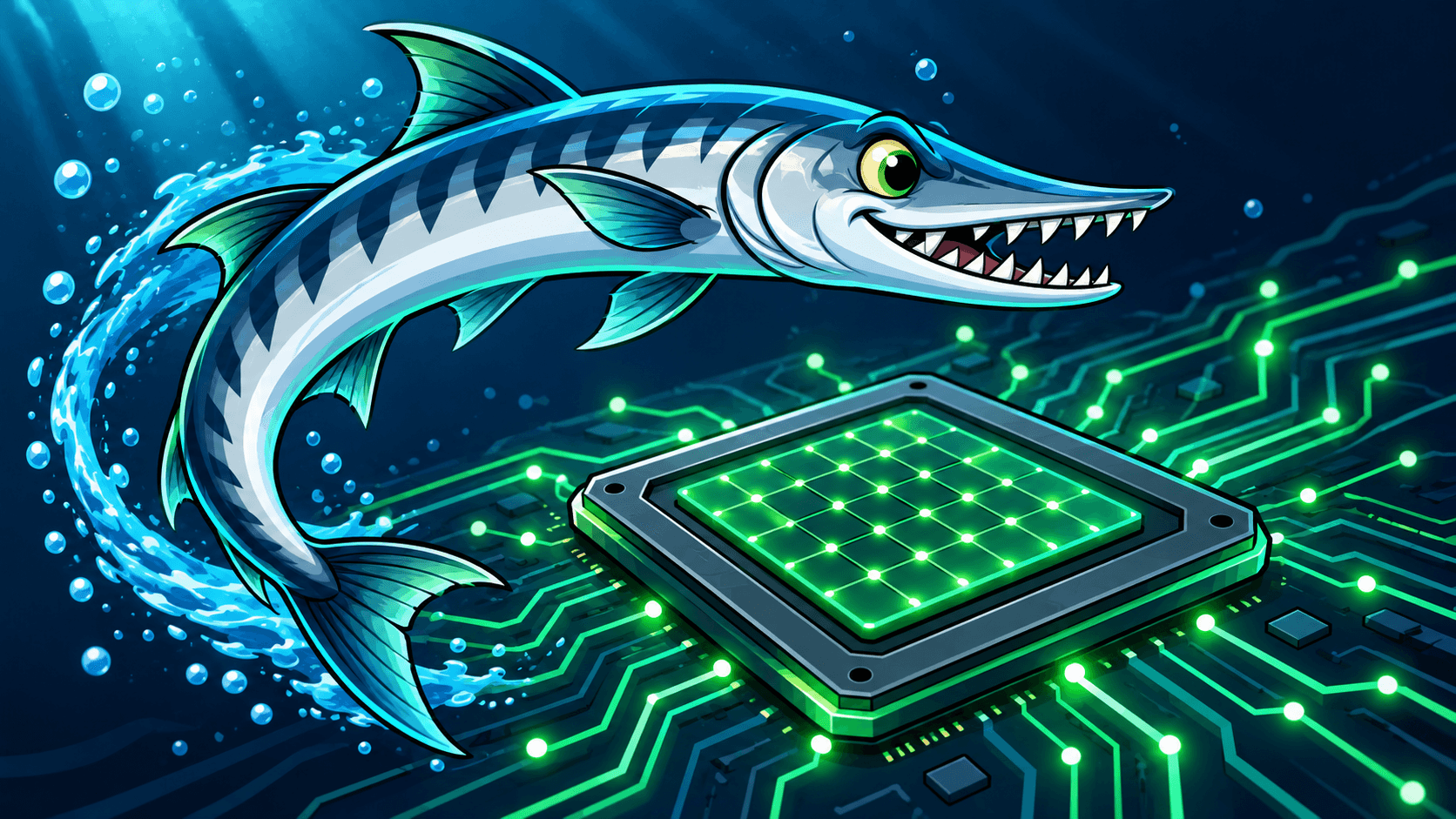 A cartoon barracuda swimming above a glowing GPU chip surrounded by green circuitry.